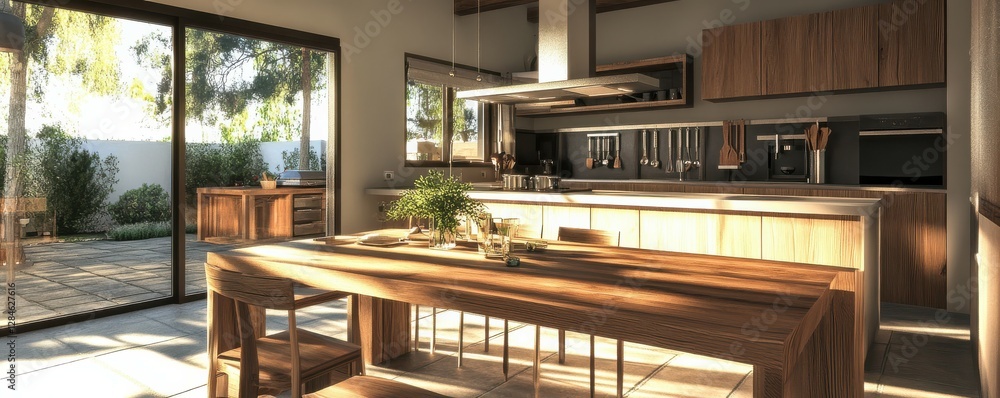 Fototapeta premium Modern kitchen with wooden furniture and garden view in sunlit open space