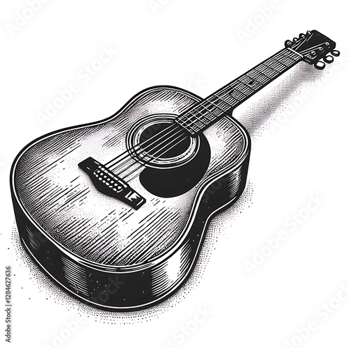Monochromatic illustration of an acoustic guitar, angled view, showing details of the body and neck, wood grain texture,  vintage style.