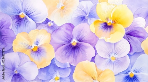 Vibrant watercolor pansies in shades of purple, yellow, and blue create a delicate floral tapestry celebrating nature's beauty
