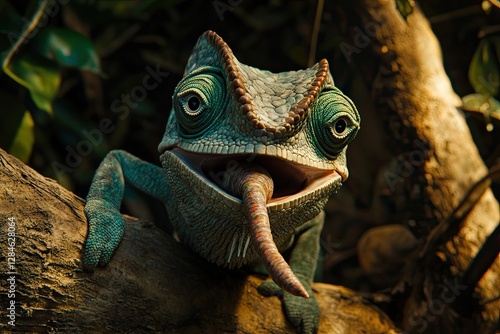 Close to Andasibe Mantadia National Park, Madagascar Wildlife, Africa, a Panther chameleon (Furcifer pardalis) is seen in action photo