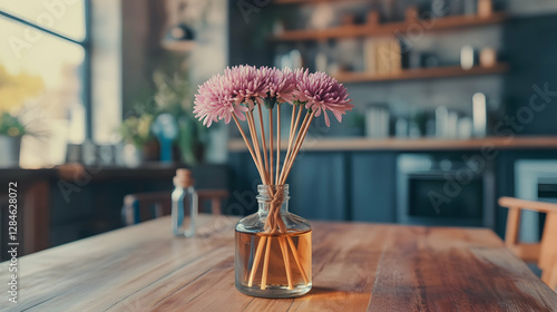 Reed diffuser with chrysanthemum flowers and essential oil on a wooden table in a kitchen
