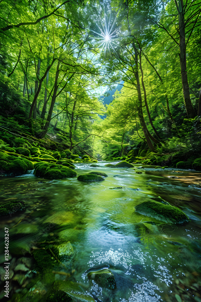 Serene River Flowing Through a Lush Forest, Creating a Calming Natural Haven Serene River Flowing Through a Lush Forest, Creating a Calming Natural Haven