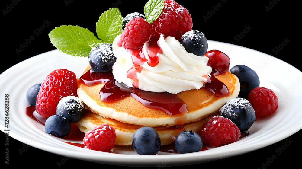 Close-up of Fluffy Pancakes Topped with Raspberries Blueberries and Whipped Cream Close-up of Fluffy Pancakes Topped with Raspberries Blueberries and Whipped Cream