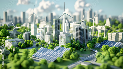 3D representation of a green city powered by renewable energy with solar panels, wind farms, and smart transportation systems for a clean future.