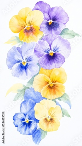 Vibrant watercolor botanical illustration of playful pansies in purple, yellow, and blue hues, showcasing delicate hand-painted beauty