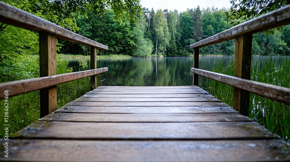 Fototapeta premium Serene wooden pier extending into tranquil lake surrounded by lush greenery and trees in perfect harmony : Generative AI
