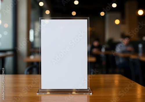 Blank menu display holder stands on wooden table inside cafe. Acrylic plastic frame holds white paper sheet. Blurry background shows restaurant interior with tables, people. Modern design 