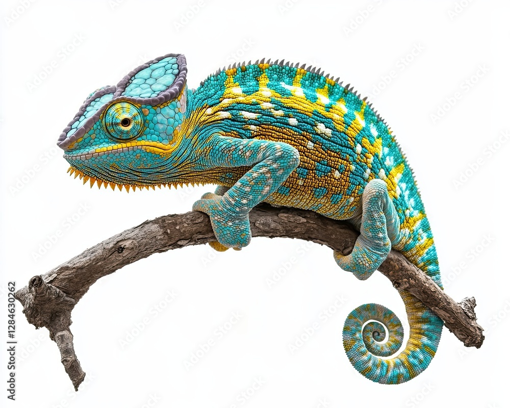 Fototapeta premium A green chameleon positioned on a tree branch with a clear background