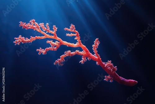 A vibrant red coral branch gracefully extends, illuminated by underwater sunlight beams. photo