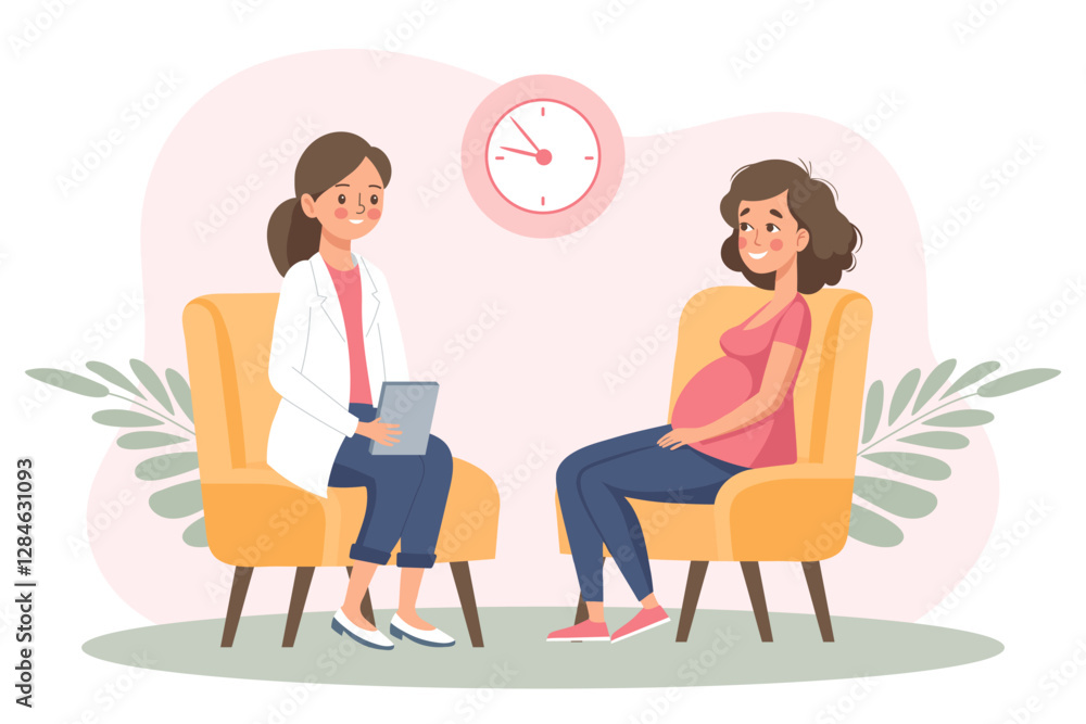 Pregnant woman at consultation with doctor.Monitoring pregnancy and healthy. Flat style illustration. Pregnant woman at consultation with doctor.Monitoring pregnancy and healthy. Flat style illustration.