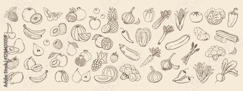 Set of sketch vegetables and fruits. Collection of hand drawn farm products for restaurant menu, market label. Retro style illustration sketch
