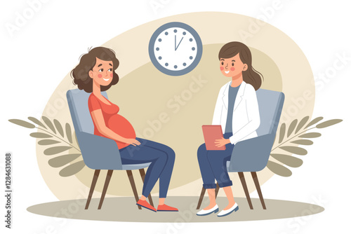 Pregnant woman at consultation with doctor.Monitoring pregnancy and healthy. Flat style illustration.
