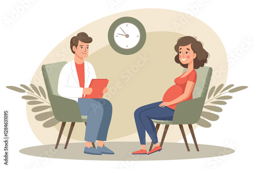 Pregnant woman at consultation with doctor.Monitoring pregnancy and healthy. Flat style illustration.