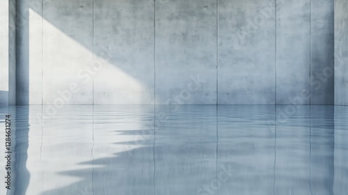 A stunning serene interior view showcasing a tranquil water surface reflecting light in a modern concrete room   Generative AI