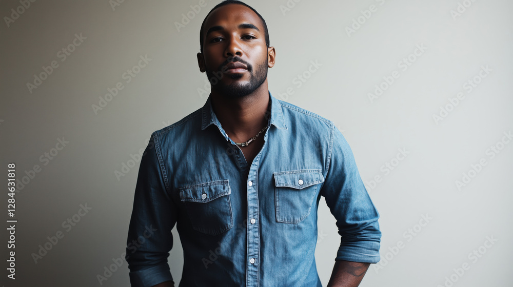 Obraz premium Confident Black Man in His Late 20s Posing for a Studio Portrait in Casual Clothing