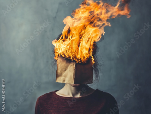 Person with paper bag on head engulfed in flames in a dark atmosphere