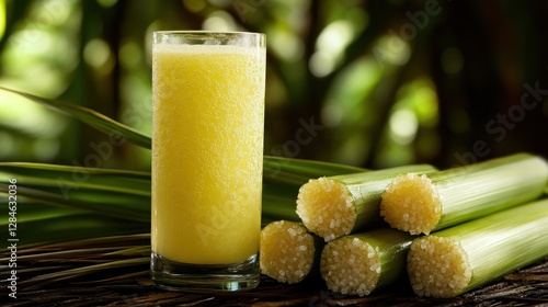 Fresh sugarcane juice in glass, surrounded by stalks, in a tropical setting photo