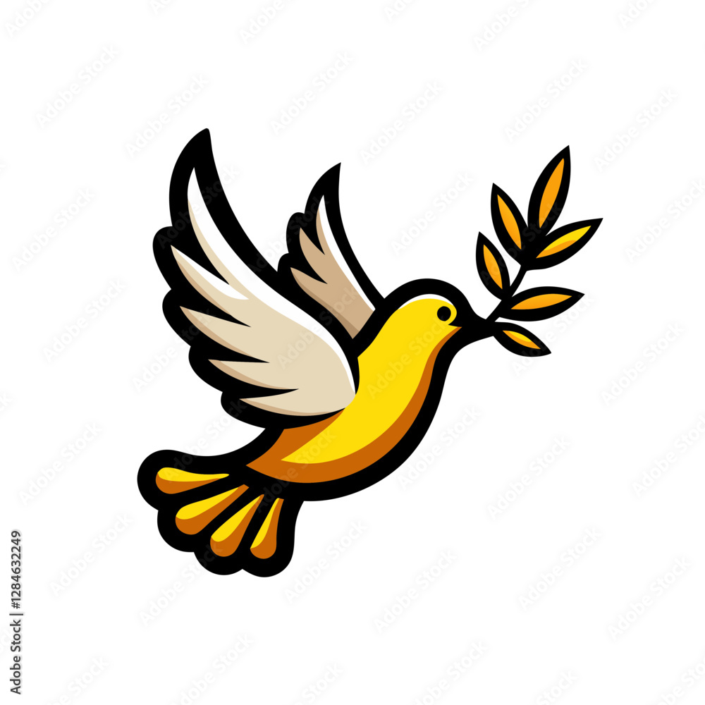 Obraz premium Dove carrying olive branch in yellow color