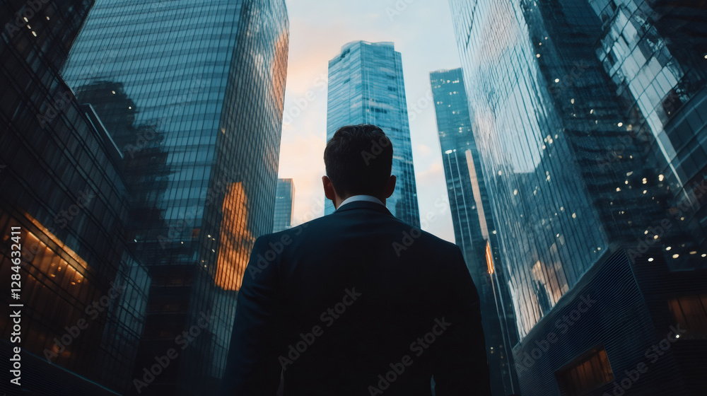 Businessman admiring towering skyscrapers in a modern business district during a vibrant sunset, reflecting on career ambitions and future growth Businessman admiring towering skyscrapers in a modern business district during a vibrant sunset, reflecting on career ambitions and future growth
