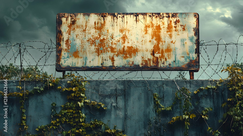 Rusty Billboard on Decaying Wall with Barbed Wire and Overgrown Vines Under Stormy Sky