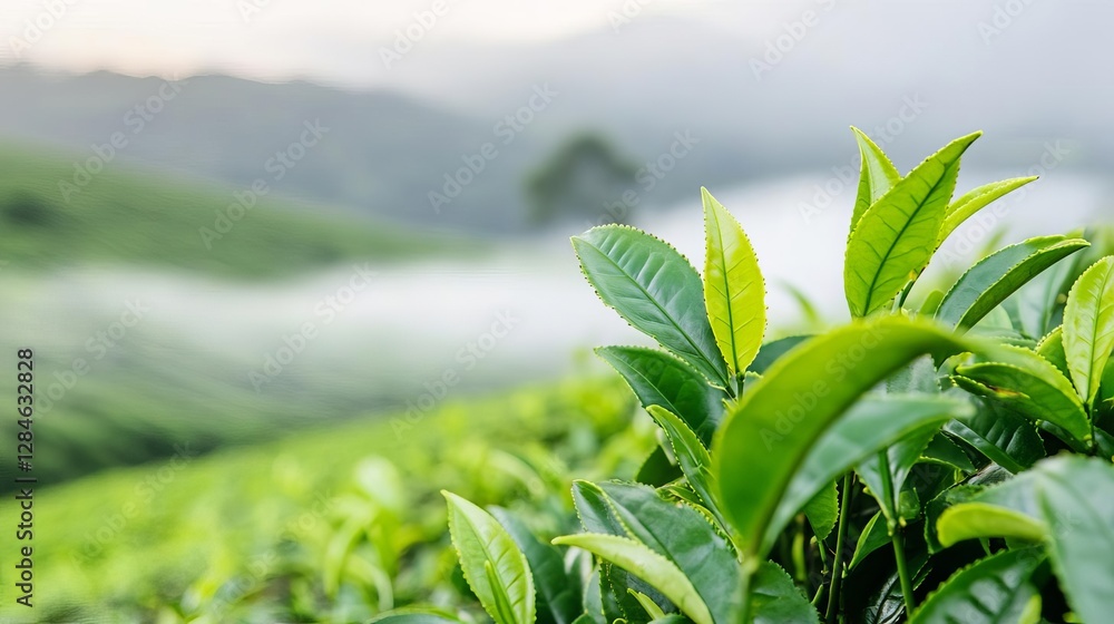Fototapeta premium Swinging tea leaves on a plantation with mist rolling over the hills