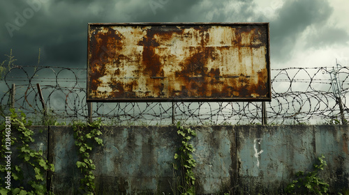Rusty Billboard on Decaying Wall with Barbed Wire and Overgrown Vines Under Stormy Sky