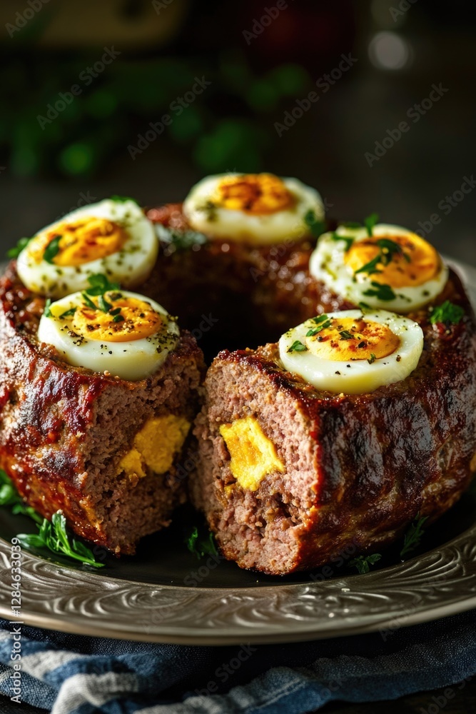 A savory meat pie with a hard boiled egg on top, served as a main course or dessert. Includes eggs and potatoes. A savory meat pie with a hard boiled egg on top, served as a main course or dessert. Includes eggs and potatoes.