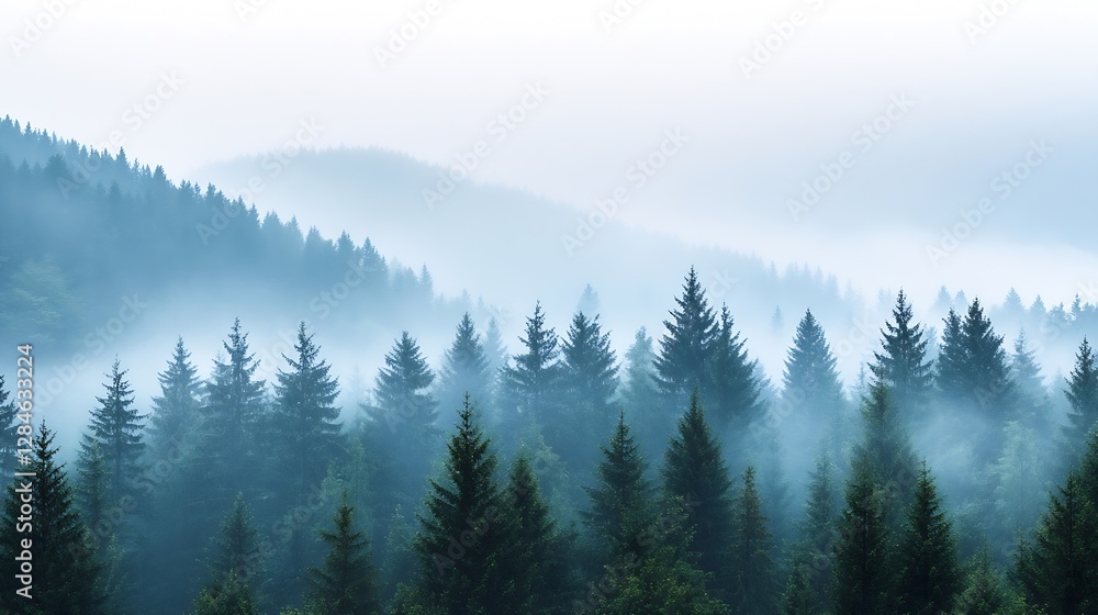 Misty forest landscape at dawn enveloped in soft fog showcasing the beauty of nature's tranquility and wilderness : Generative AI Misty forest landscape at dawn enveloped in soft fog showcasing the beauty of nature's tranquility and wilderness : Generative AI