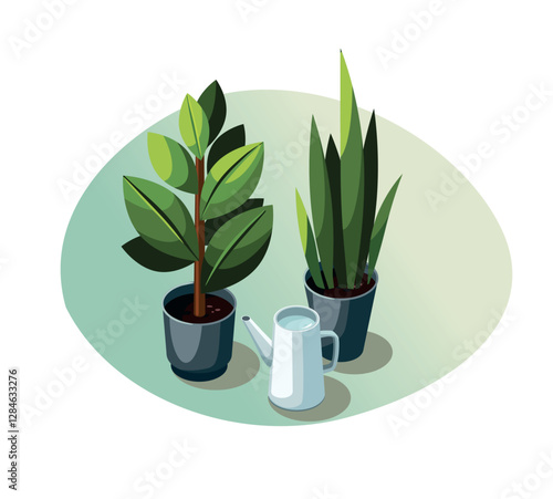 Plants in flowerpots and watering can. Home flowers on white background. Gardening concept.