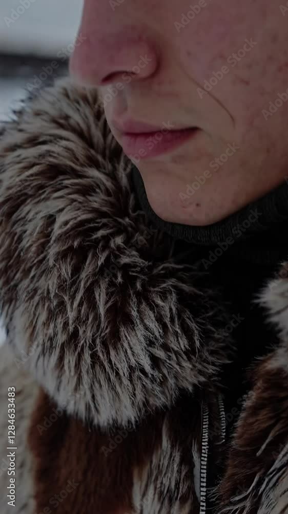 Close-up of a man's face and fur coat in cold winter environment. Close-up of a man's face and fur coat in cold winter environment.