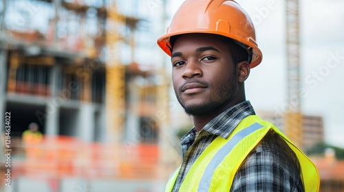 A young African American man wearing a hard hat and safety vest stands confidently on a construction site, embodying professionalism and teamwork in the industry.