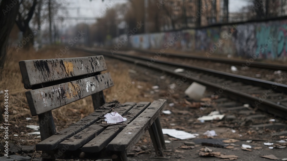 Fototapeta premium Abandoned urban bench surrounded by trash and overgrown grass near a railway track illustrating neglect : Generative AI
