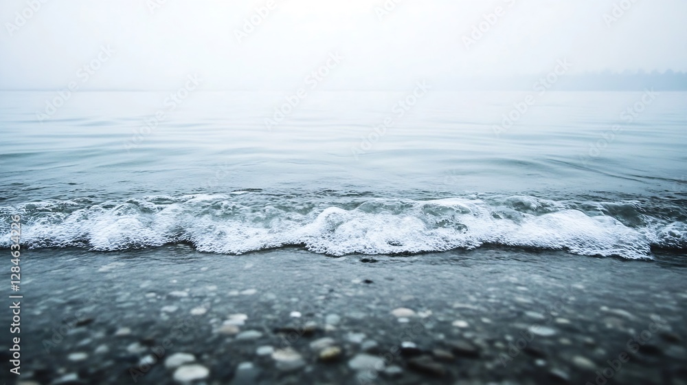 Serene Coastal Landscape with Gentle Waves Rolling onto a Pebble Beach in Mysterious Fog : Generative AI Serene Coastal Landscape with Gentle Waves Rolling onto a Pebble Beach in Mysterious Fog : Generative AI