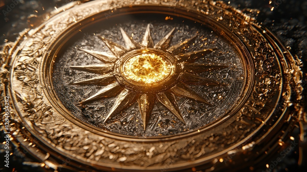 Obraz premium Ornate golden sun shield, glowing center, dark background, celebratory