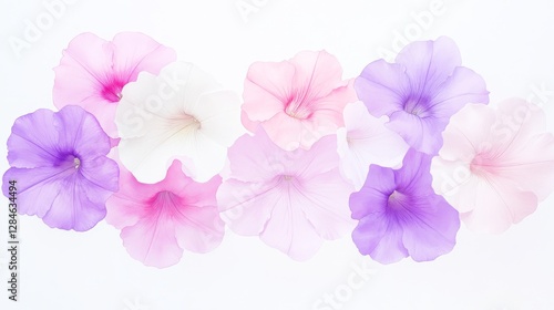 Delicate watercolor illustration of petunias in vibrant pink, purple, and white shades radiating softness and beauty
