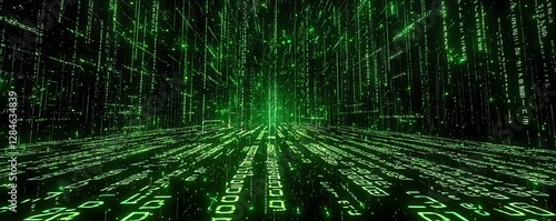 Digital binary code matrix background, showcasing 3D-rendered binary data in a complex network representing connectivity and data flow