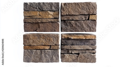 Detailed view of unique textured stacked stone tiles on a white background photo