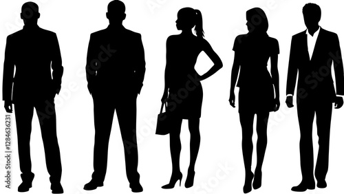 Vector silhouettes of men and a women, a group of standing business people, profile, black color isolated on white background