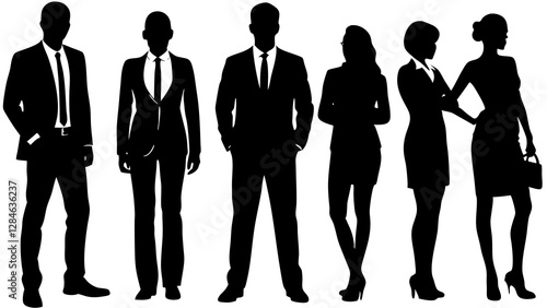 Vector silhouettes of men and a women, a group of standing business people, profile, black color isolated on white background
