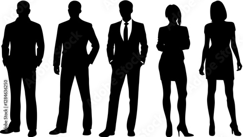 Vector silhouettes of men and a women, a group of standing business people, profile, black color isolated on white background
