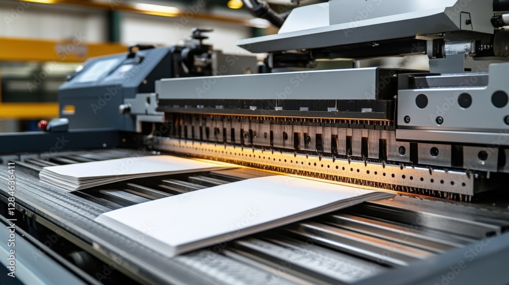 Industrial paper cutting machine in action with precise slicing of clean pages Industrial paper cutting machine in action with precise slicing of clean pages