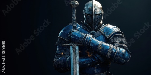 Knight in shining armor holds sword amidst dark backdrop showcasing strength and valor