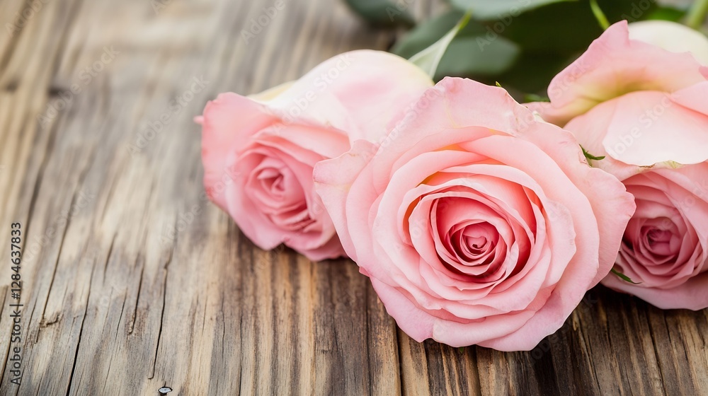 Delicate pink roses gently resting on rustic wooden background creating a charming and romantic ambiance : Generative AI Delicate pink roses gently resting on rustic wooden background creating a charming and romantic ambiance : Generative AI