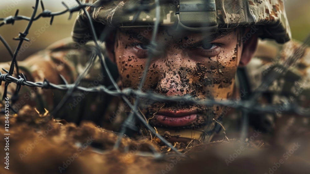 Obraz premium Soldier's Determination: Intense Military Training Scene for Resilience and Strength