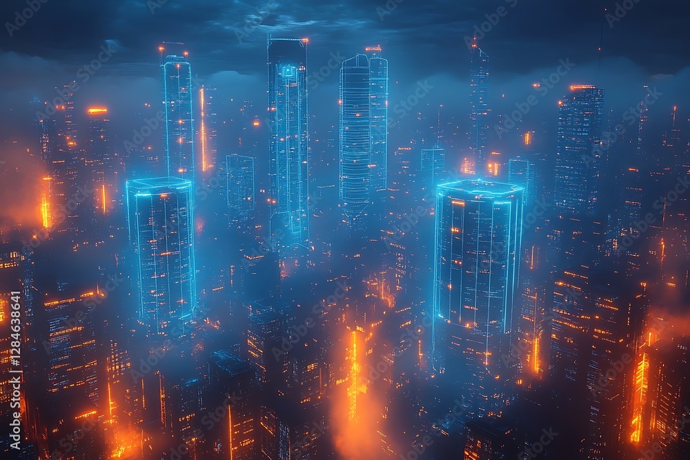 Futuristic Cityscape at Night with Neon Glow and Digital Lines Futuristic Cityscape at Night with Neon Glow and Digital Lines