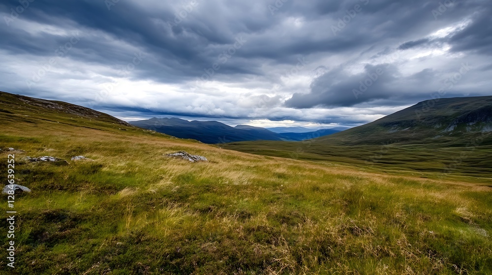 Stunning panoramic view of a serene valley under a dramatic sky with spacious grassland : Generative AI Stunning panoramic view of a serene valley under a dramatic sky with spacious grassland : Generative AI