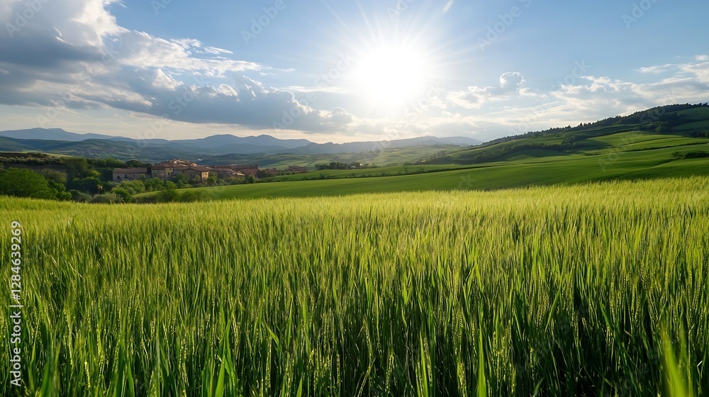 Golden sunlight illuminating a vast green field with wheat under a beautiful blue sky : Generative AI Golden sunlight illuminating a vast green field with wheat under a beautiful blue sky : Generative AI