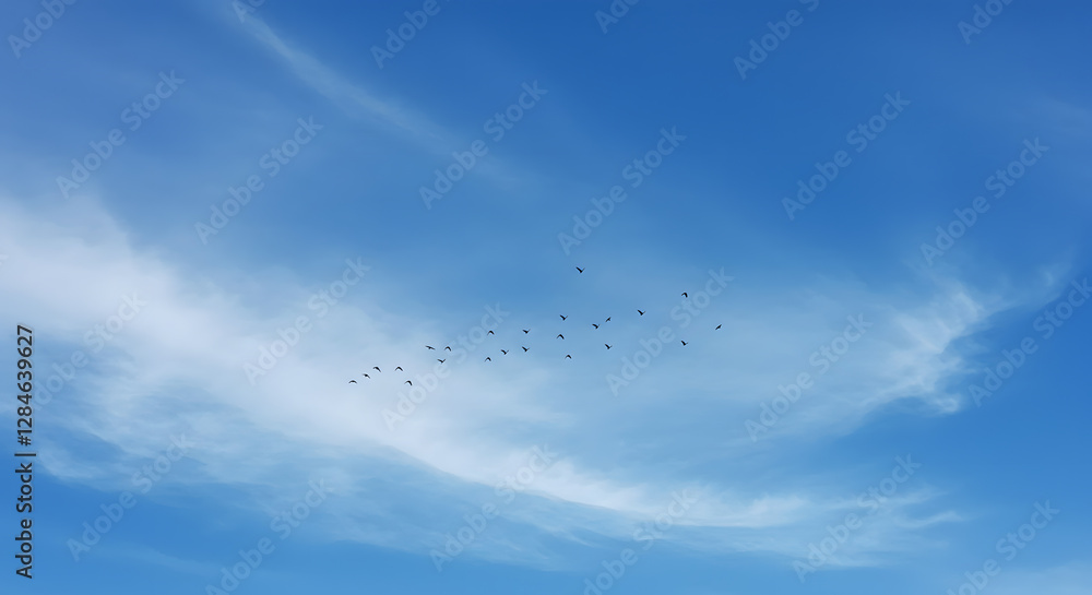 A flock of birds gracefully soars through a vast, clear blue sky, with soft white clouds scattered across the horizon, creating a serene and peaceful scene. A flock of birds gracefully soars through a vast, clear blue sky, with soft white clouds scattered across the horizon, creating a serene and peaceful scene.