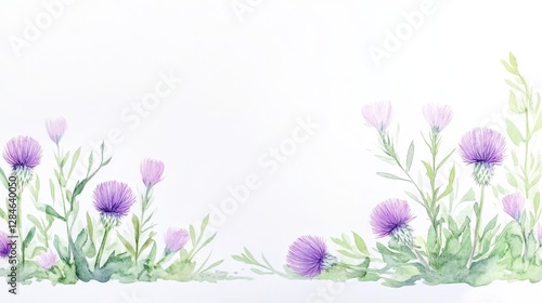 Explore the wild beauty of deep purple thistles dancing in a lush green watercolor setting