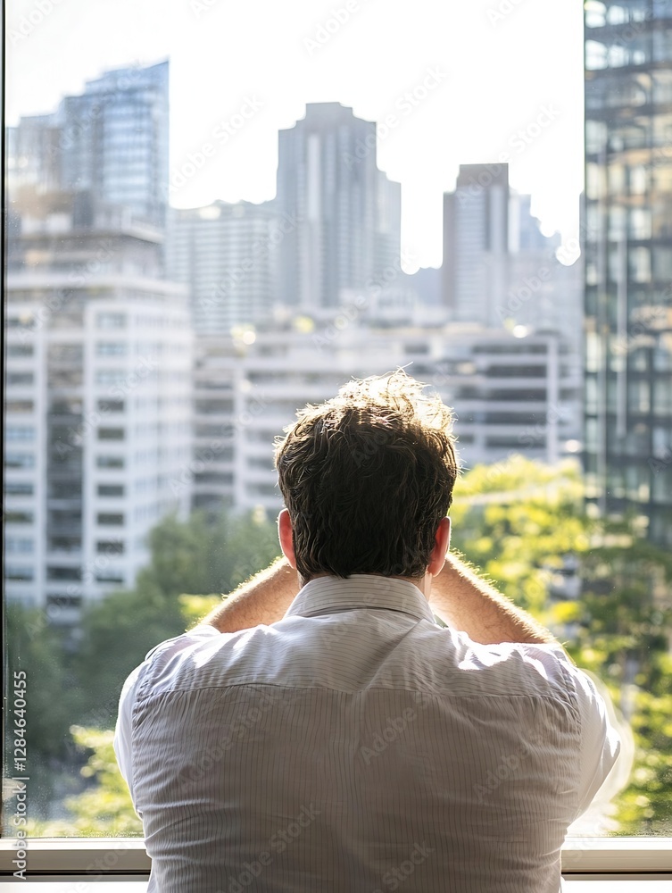 A man gazing thoughtfully at a city skyline through a large window reflecting modern architecture : Generative AI A man gazing thoughtfully at a city skyline through a large window reflecting modern architecture : Generative AI